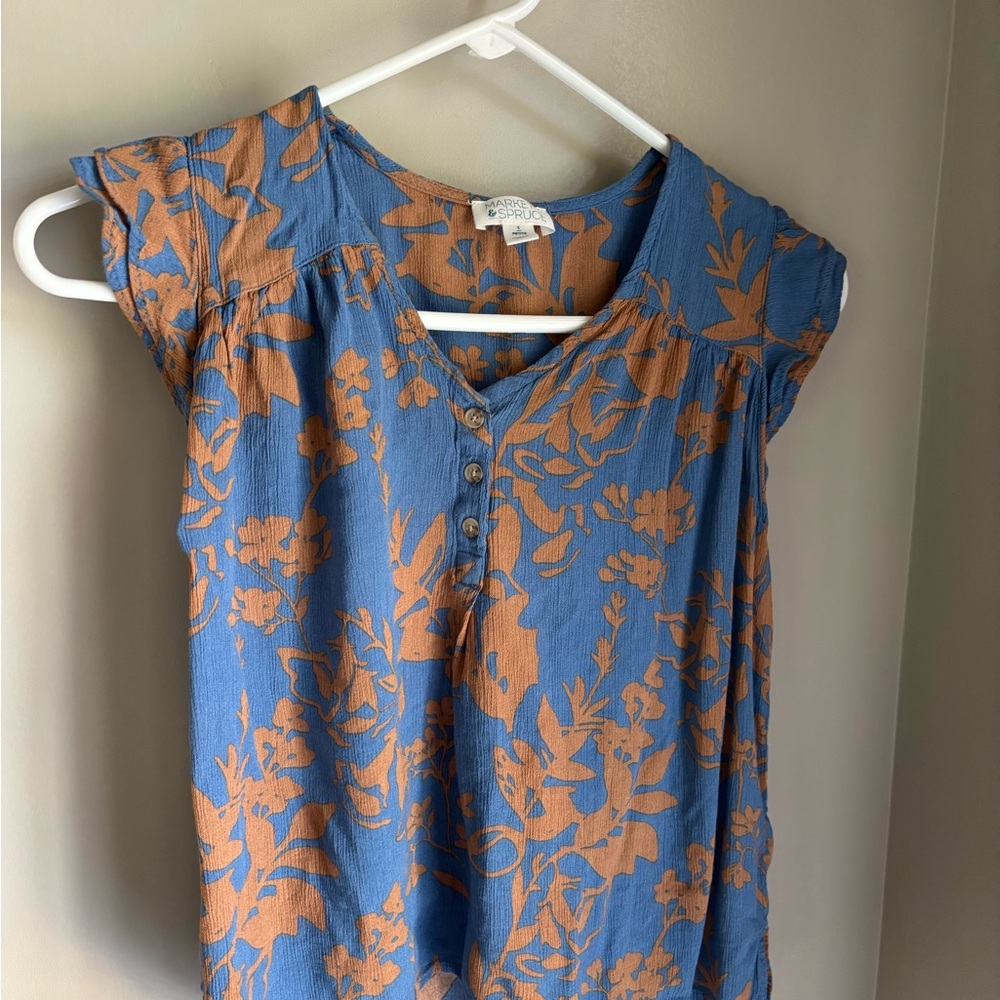 Blue and Orange Gauze Top with Blouse Sleeves